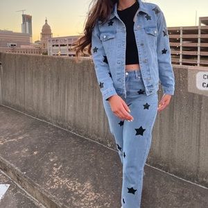 Sequin star denim jacket and jeans set